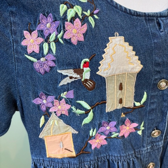 Vintage Denim Embroidered Grandmacore Hummingbird Maxi Dress Sz M - Picture 10 of 16